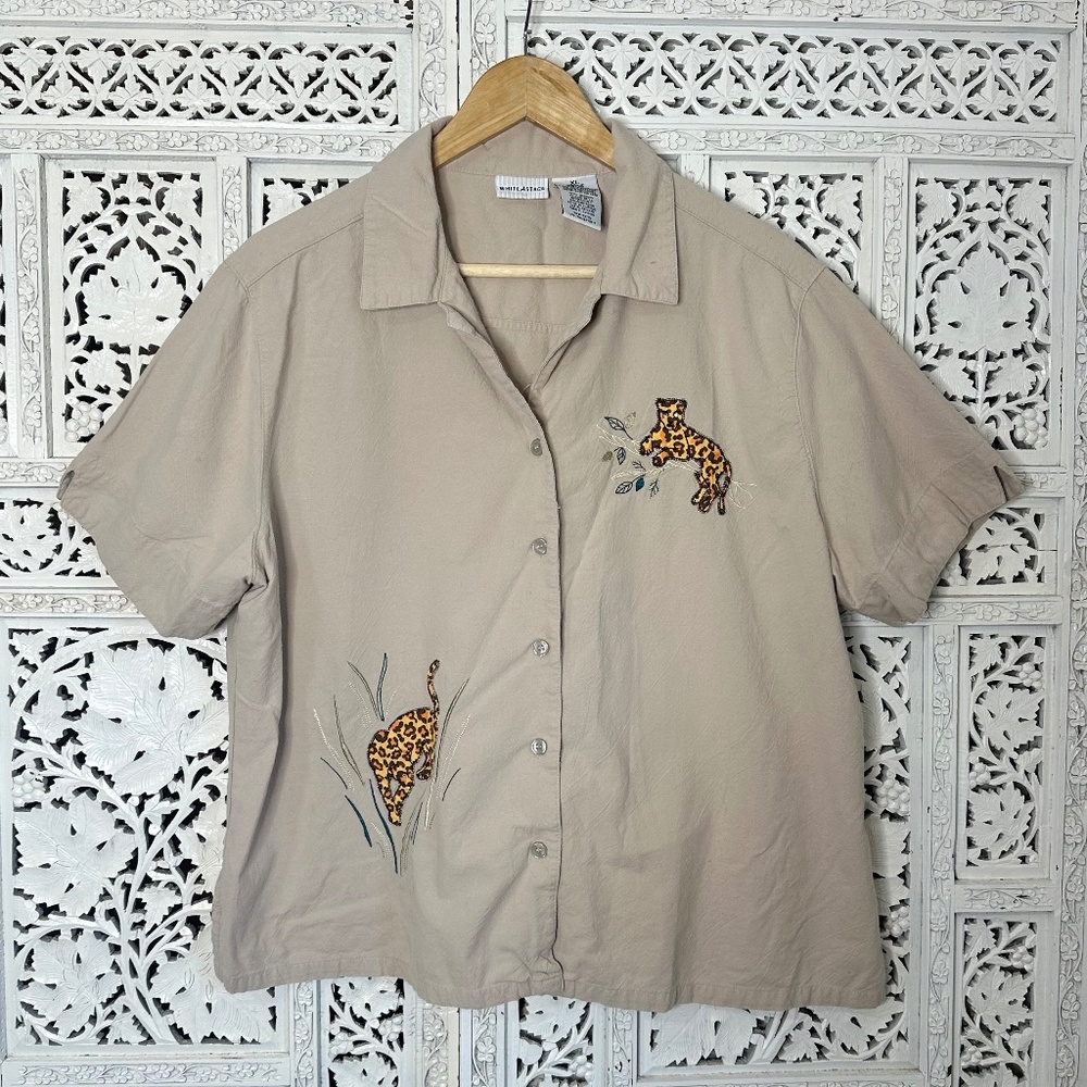 Vintage White Stag Khaki Beige Tiger Safari Button Up Blouse Sz‎ XL